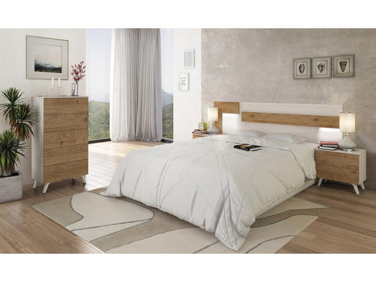 Bed headboard set with LED lighting, 2 bedside tables, chest of drawers, Andersen/white color scheme ASZO63845