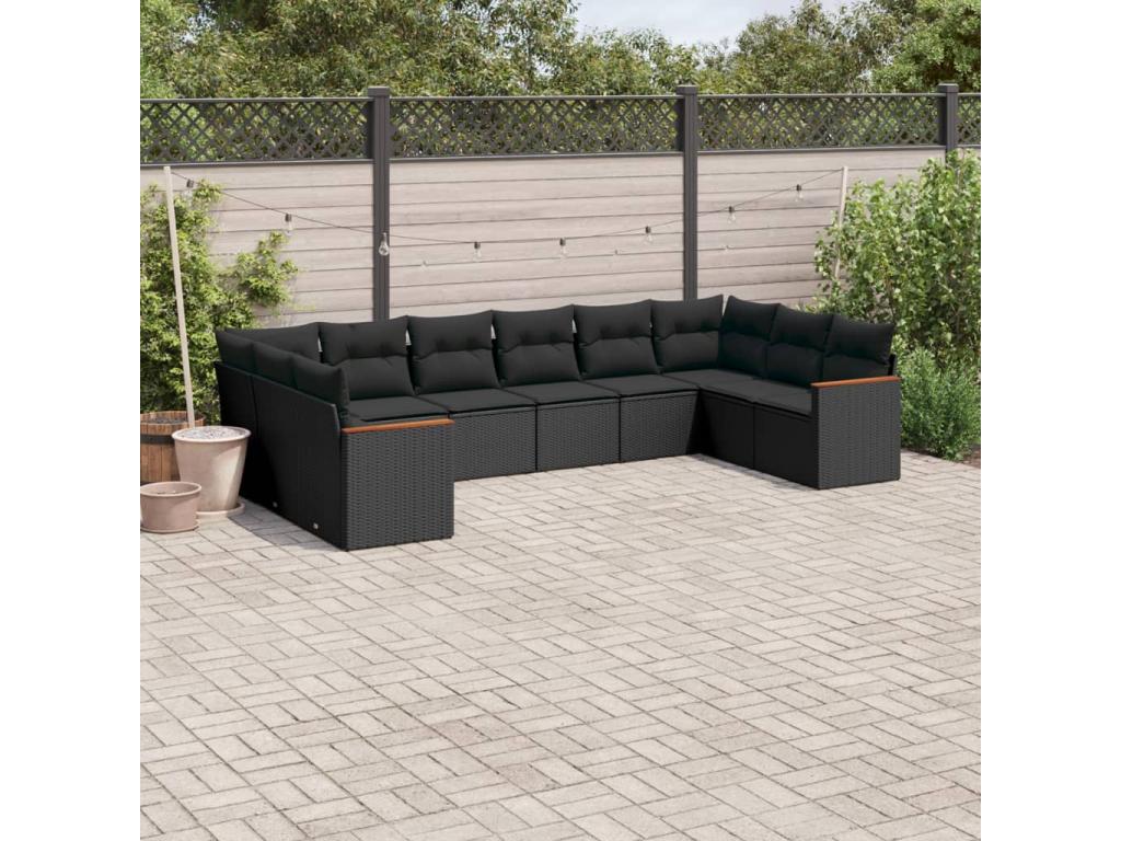 Salon de jardin 10 pièces avec coussins noir résine tressée KBPN38679