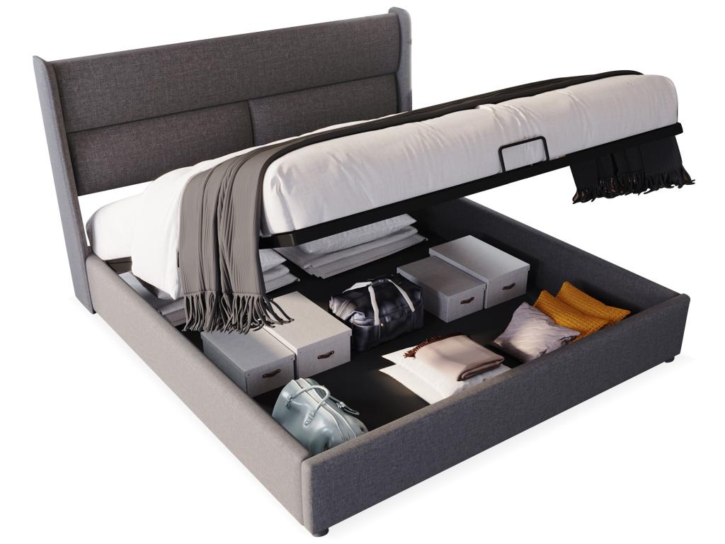 Lit coffre 160x200 cm - tissu lin - appuie-têtes réglables - gris matelas SUHO66662