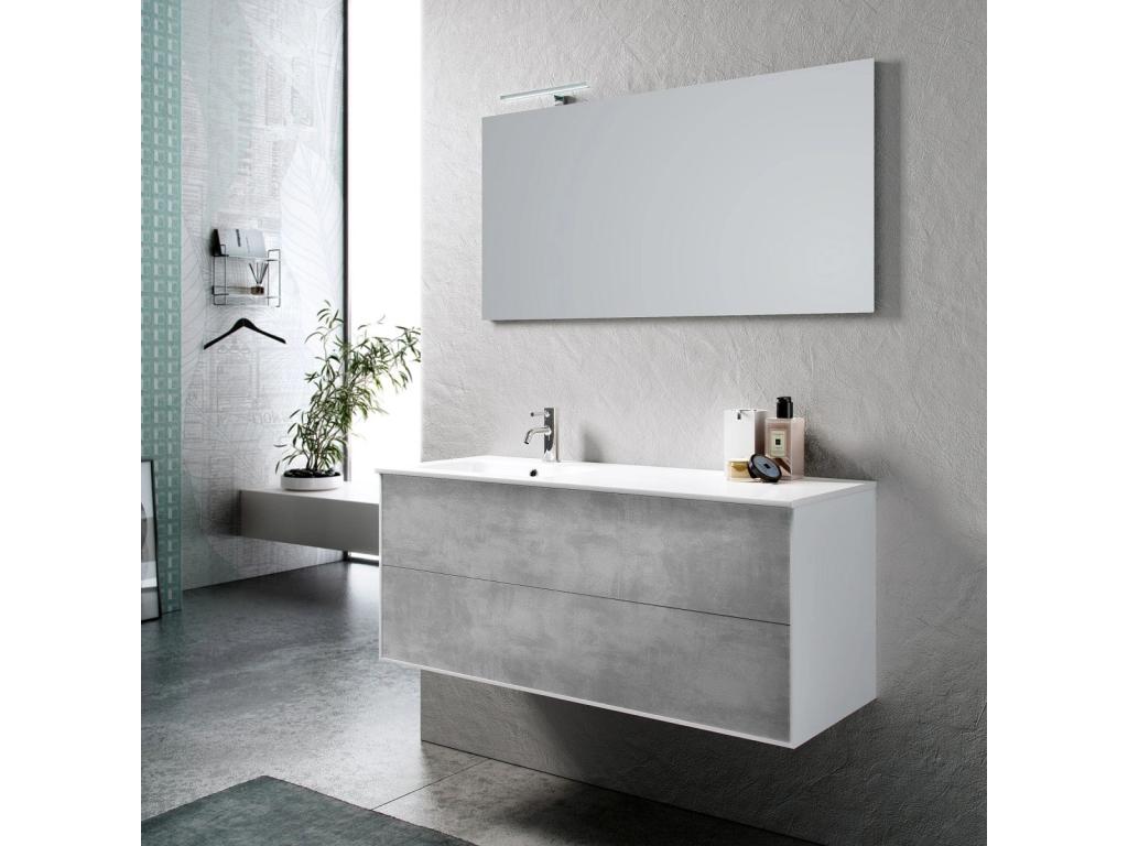 Ensemble meuble de salle de bain 2 tiroirs laqué blanc et effet béton et miroir à LED Domopure L 120cm AVFR30210