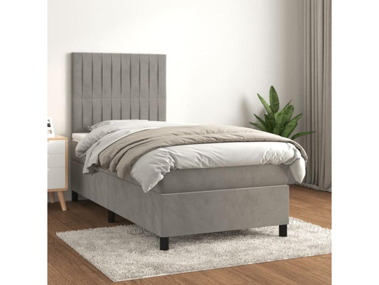 Upholstered bed base and mattress, light grey, 100x200cm, velvet, GIID08302