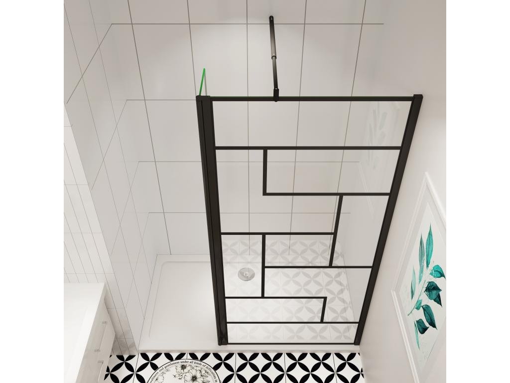 Chicyla paroi de douche industrielle noire 90x200cm avec un retour pivotant 40cm livré avec une barre de stabilisation 90cm IAKI26677
