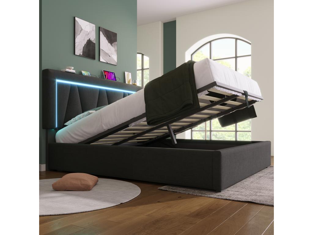 Avec fonction de recharge USB type C et éclairage LED lit double Domopure 140x200 sans matelas FPZU98169