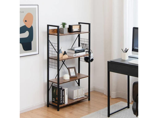 Industrial 4-tier shelving unit with rustic brown S-shaped hooks CXRX22483