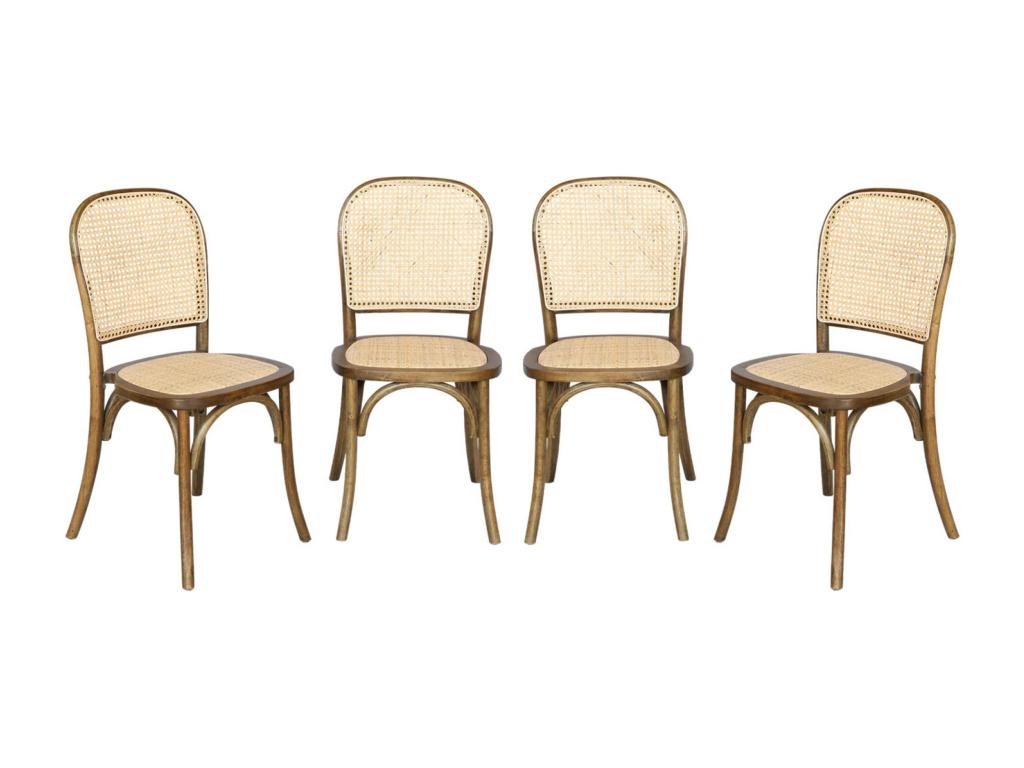 Lot de 4 chaises vintage en bois avec assise et dossier en rotin- Couleuris marron vieilli- L 44.5 x P 48 x H 89.5cm DHFI54522