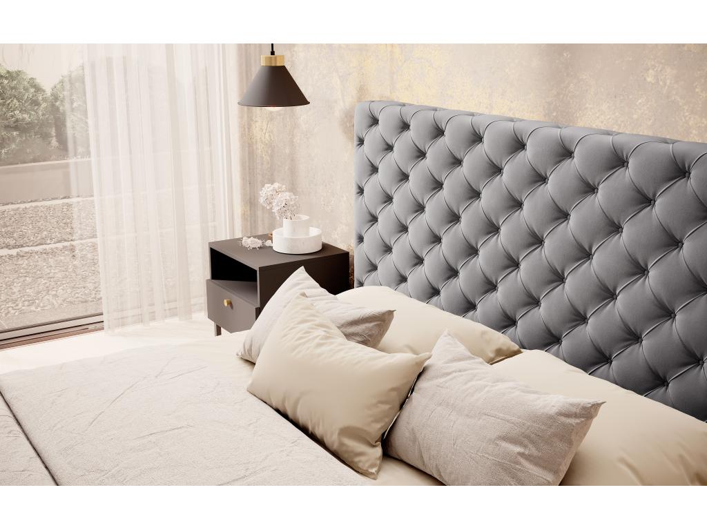 Lit design avec tête de lit et coffre capitonné velours gris foncé Domopure - 3 tailles-160x200 JXMZ36602