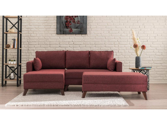 Petit canapé convertible d'angle gauche avec pouf tissu bordeaux Domopure 205cm TQNS80869