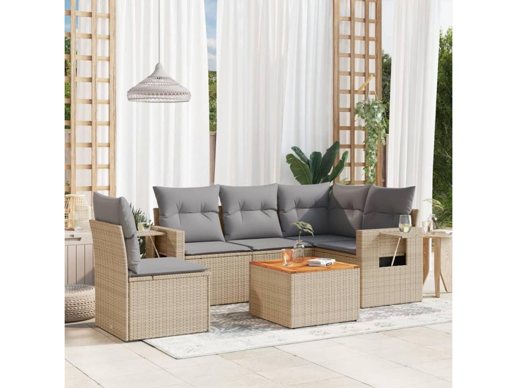 Salon de jardin avec coussins 6pcs méDomopure beige résine tressée NDOC61658
