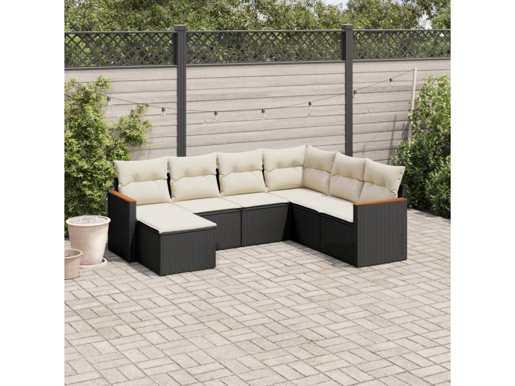 Salon de jardin 7 pcs avec coussins noir résine tressée ZTPA70571