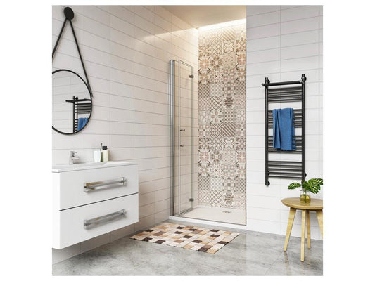 90x185cm shower door with 90x70x3cm white shower tray, pivoting and folding shower door in tempered glass with anti-limescale coating PNFP42911