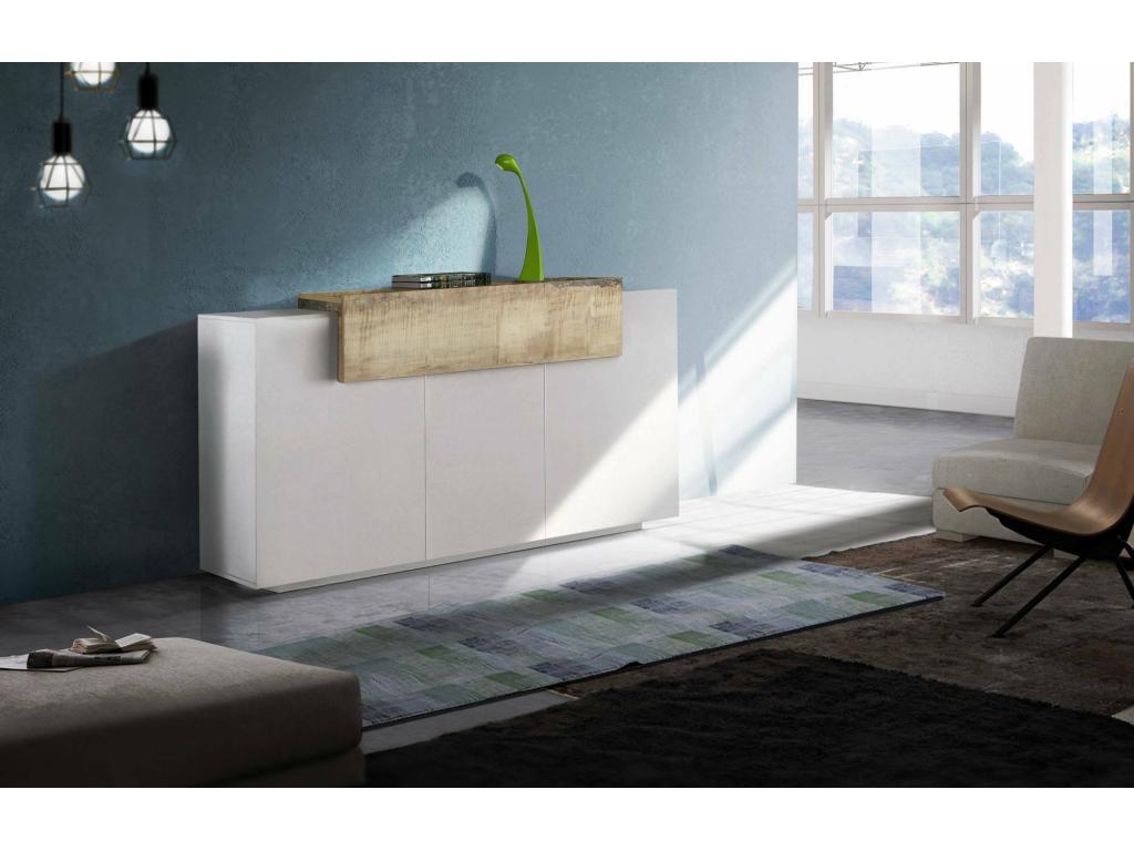 Buffet Chicyla Buffet de cuisine 3 portes Buffet de salon Made in Italy 160x45h86 cm Blanc brillant et érable KIRS39071