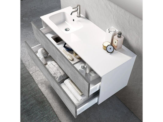 Domopure L 120cm AVFR30210 bathroom vanity unit with 2 drawers in white lacquer and concrete effect, and LED mirror