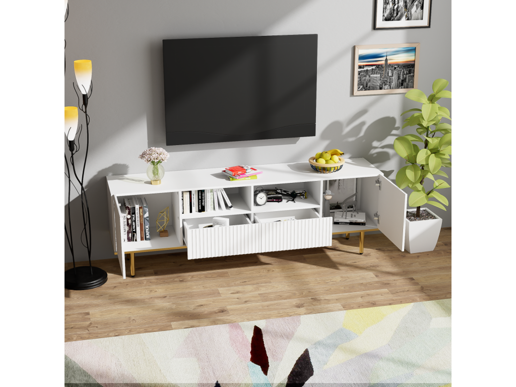 Meuble TV 165x36x55cm avec 2 portes 2 tiroirs et 2 compartiments pieds dorés et bord doré Blanc IJVL55133
