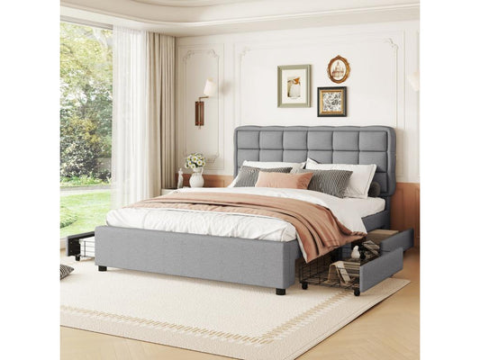 Upholstered bed 140x200cm double bed with slatted base by Chicyla, 4 drawers, minimalist style - grey MSEK56356