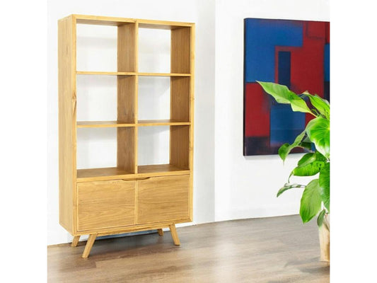 Bibliothèque Etagère en Teck massif naturel 2 portes et 6 niches 100x35x175cm FIFTEES HEEA51022