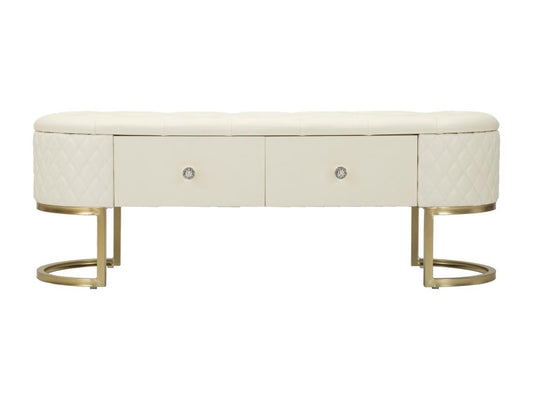 Banc en métal et simili cuir crème avec tiroirs 120x40x43 cm BTUK32934