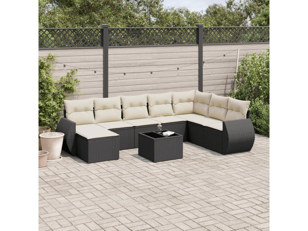 Salon de jardin 9 pièces avec coussins noir résine tressée DXMF40283