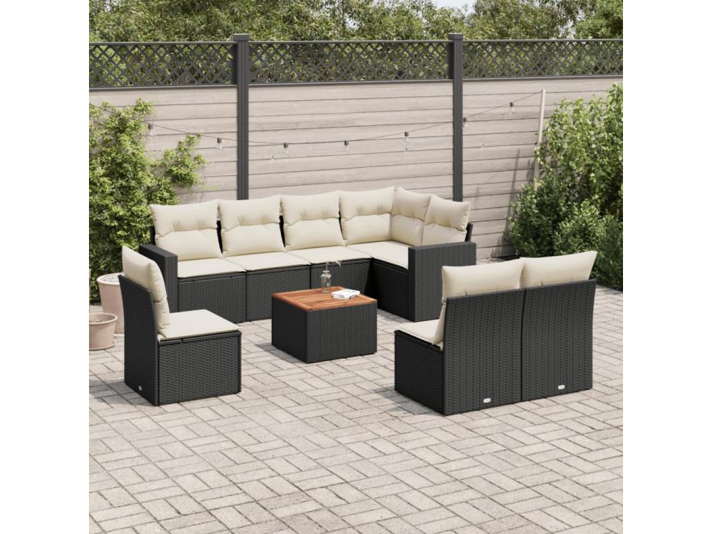 Salon de jardin 9 pcs avec coussins noir résine tressée WLTN57619