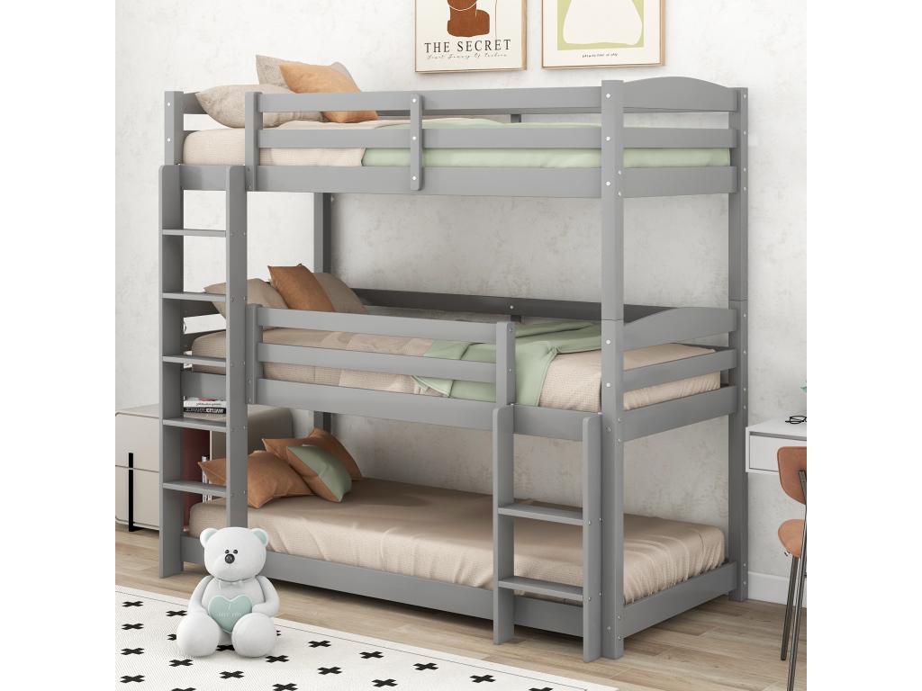 Lit superposé triple avec échelle et barrière de protection - 90x200cm - bois massif - Gris IFWD59910