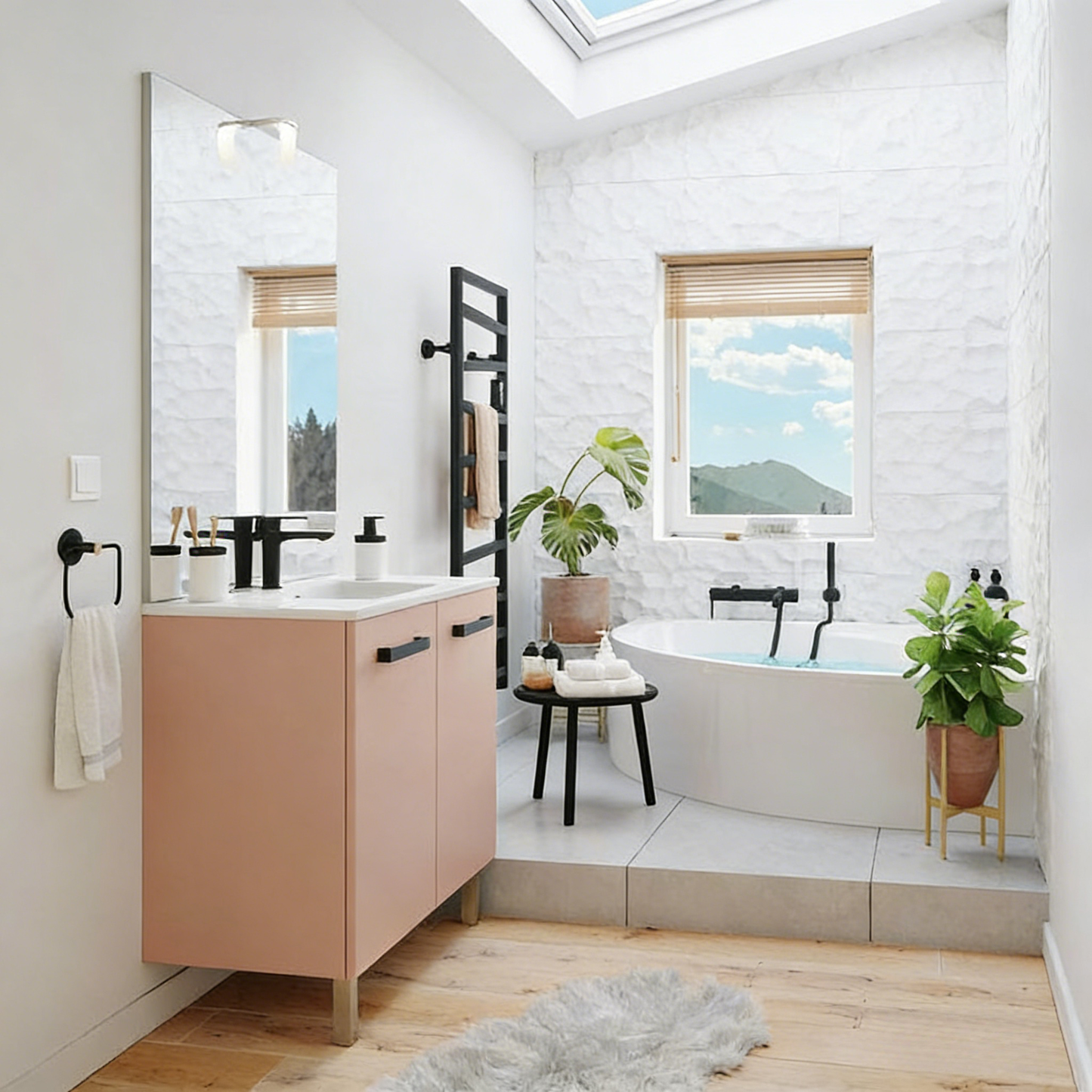 Meuble sous-vasque 90 cm Abricot vasque miroir - Chicyla YIKH75426