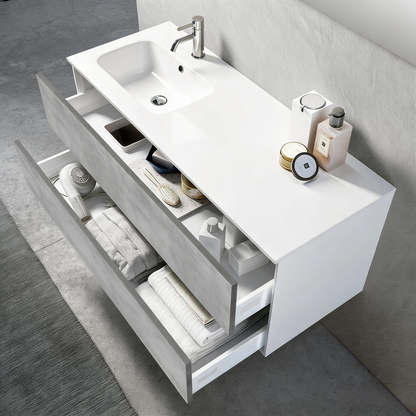 Ensemble meuble de salle de bain 2 tiroirs laqué blanc et effet béton et miroir à LED Domopure L 120cm AVFR30210