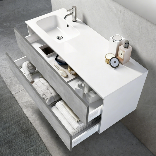 Ensemble meuble de salle de bain 2 tiroirs laqué blanc et effet béton et miroir à LED Domopure L 120cm AVFR30210