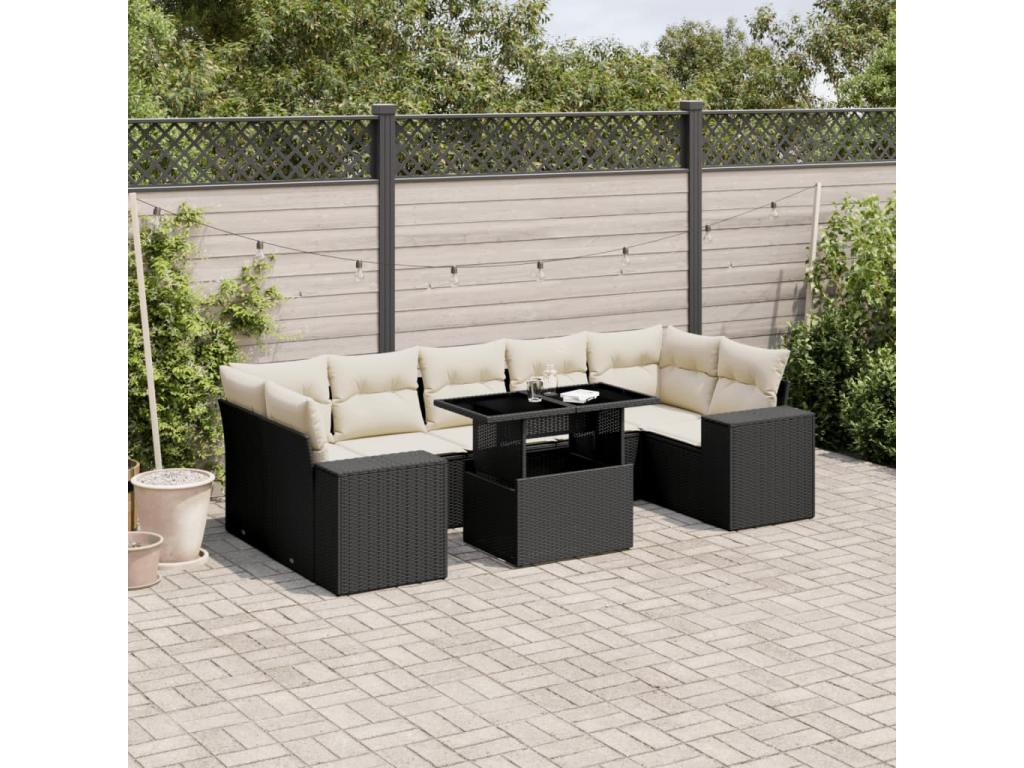 Salon de jardin 8 pcs avec coussins noir résine tressée ZPJE88788