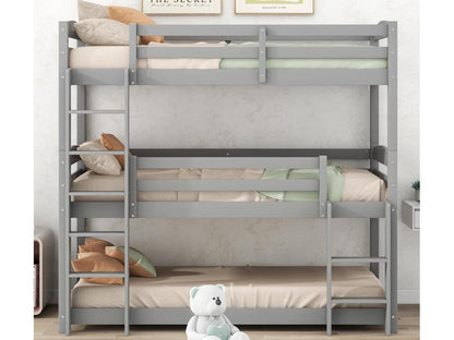Lit superposé triple avec échelle et barrière de protection - 90x200cm - bois massif - Gris IFWD59910