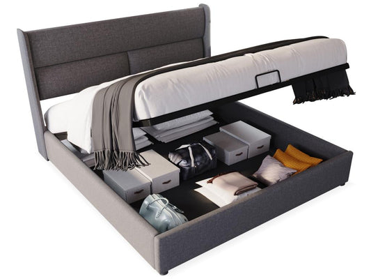 Lit coffre 160x200 cm - tissu lin - appuie-têtes réglables - gris matelas SUHO66662