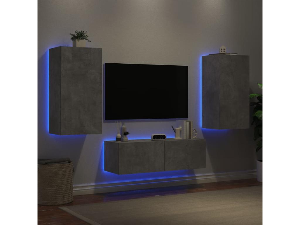 Meuble TV mural 3 pièces avec Domopureères LED gris béton IZQR26942