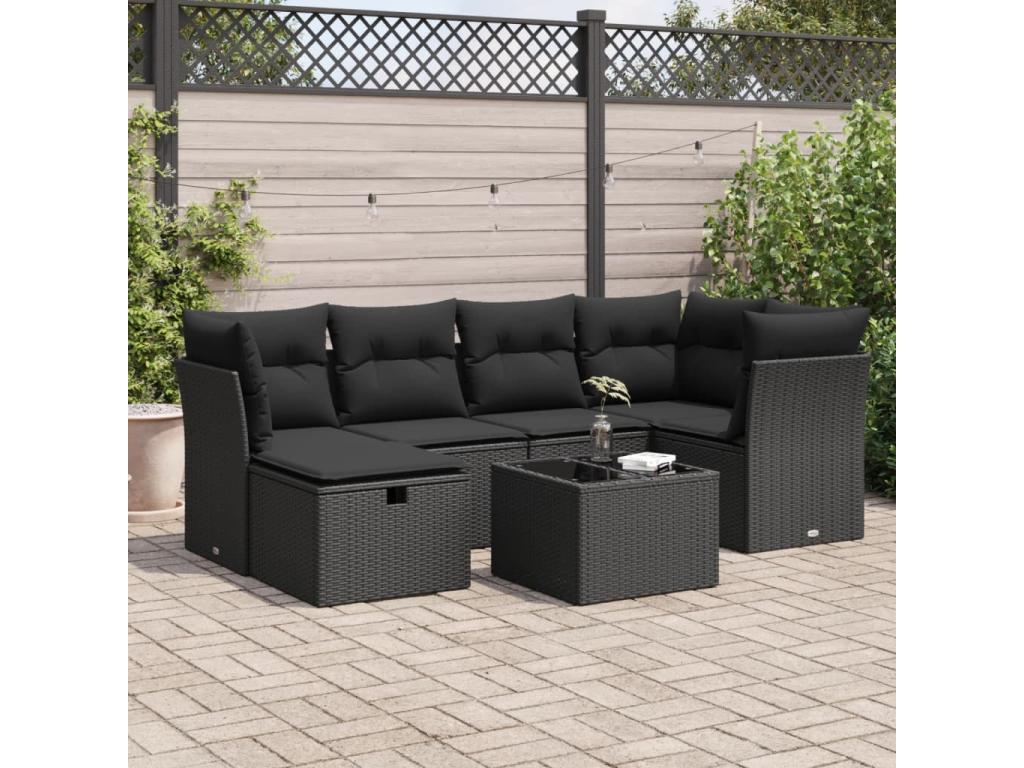Salon de jardin 7 pcs avec coussins noir résine tressée OVHK08484