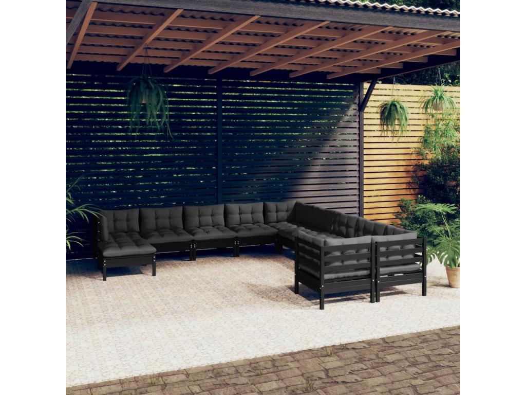 Salon de jardin 11 pcs avec coussins Noir Bois de pin OWBM96247
