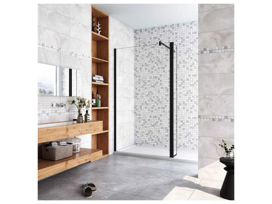 Paroi de douche à l'italienne avec retour pivotant 100 40x200cm avec barre de fixation 140cm en carré - Noir Mat - 8mm verre anticalcaire CLTT27983