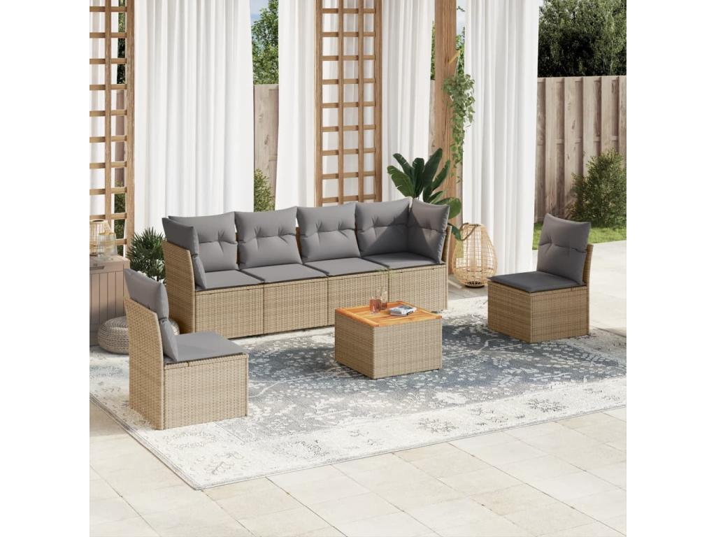 Salon de jardin avec coussins 7 pcs beige résine tressée QTWQ34259