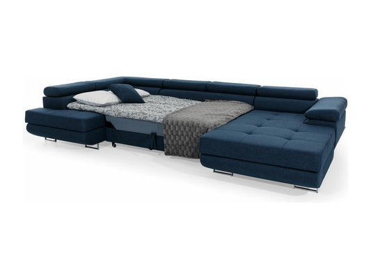 Canapé panoramique tissu gris clair et simili cuir noir convertible avec coffre de rangement Domopure 345cm-Coffre de rangement à gauche CRIN53443