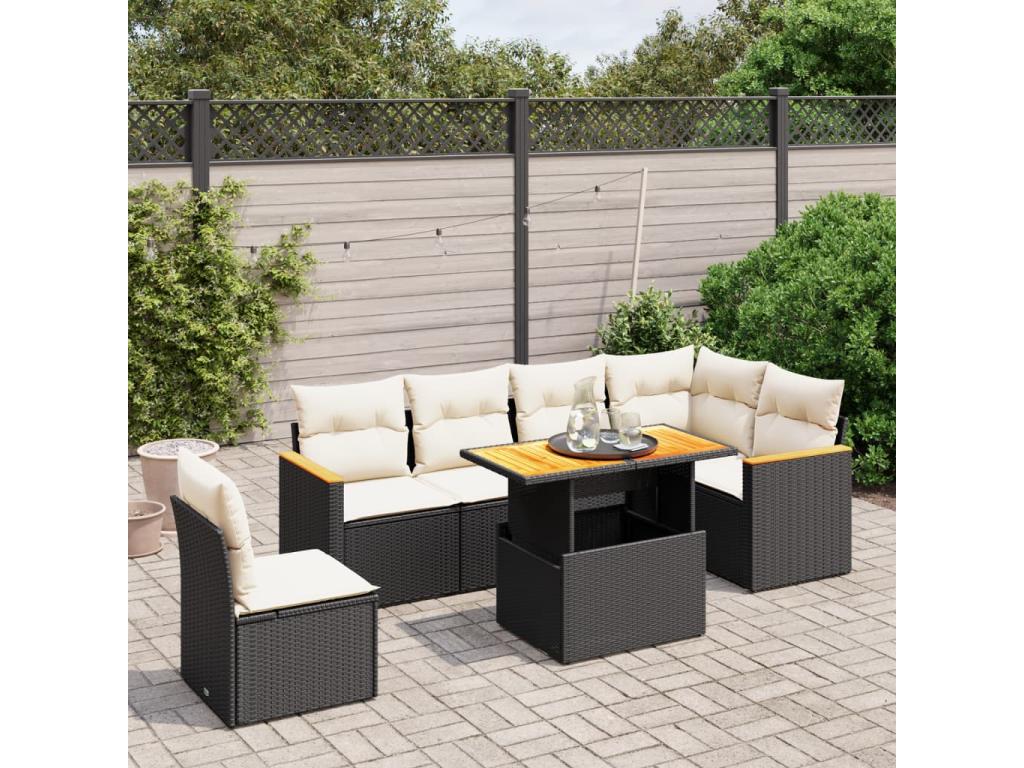 Salon de jardin 7 pcs avec coussins noir résine tressée VAAG19416