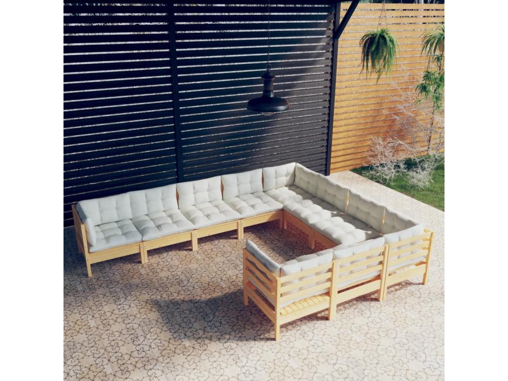 Salon de jardin 10 pièces avec coussins crème Bois de pin solide IEWE39796