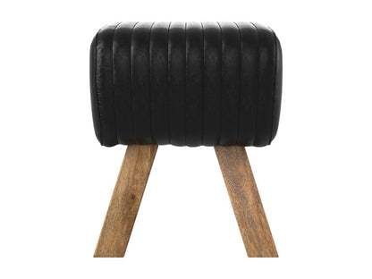 Tabouret en cuir noir et bois de manguier - Domopure XEJT34896