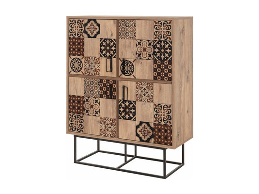 Buffet haut style industriel 4 portes Domopure Bois clair Motif Arabesque Marron et Noir TZGK85005