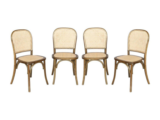 Lot de 4 chaises vintage en bois avec assise et dossier en rotin- Couleuris marron vieilli- L 44.5 x P 48 x H 89.5cm DHFI54522