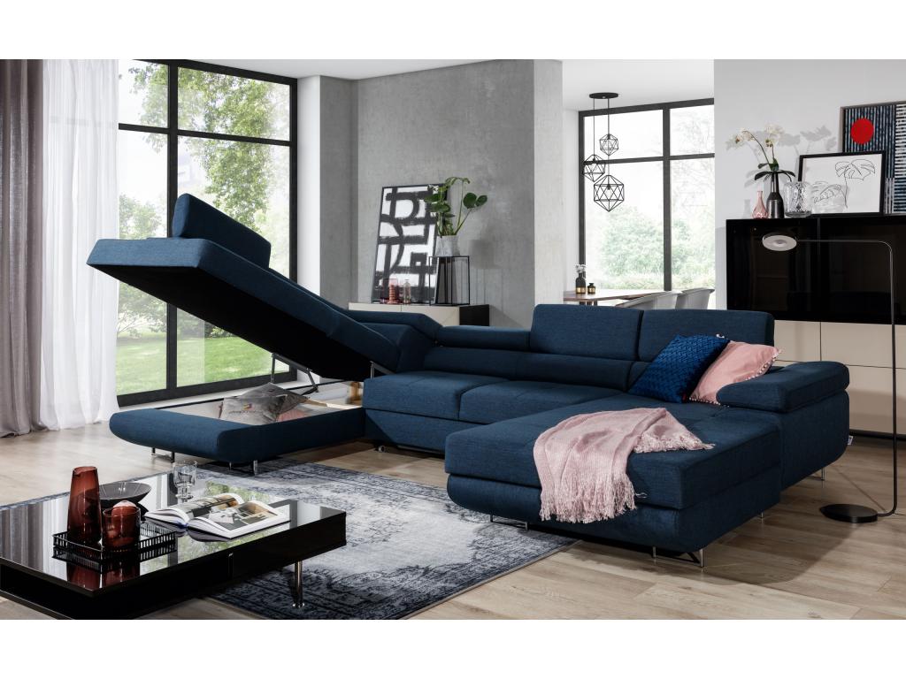 Canapé panoramique tissu gris clair et simili cuir noir convertible avec coffre de rangement Domopure 345cm-Coffre de rangement à gauche CRIN53443