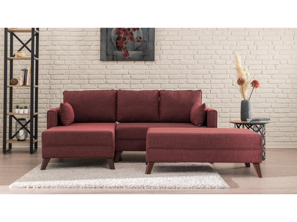 Petit canapé convertible d'angle gauche avec pouf tissu bordeaux Domopure 205cm TQNS80869