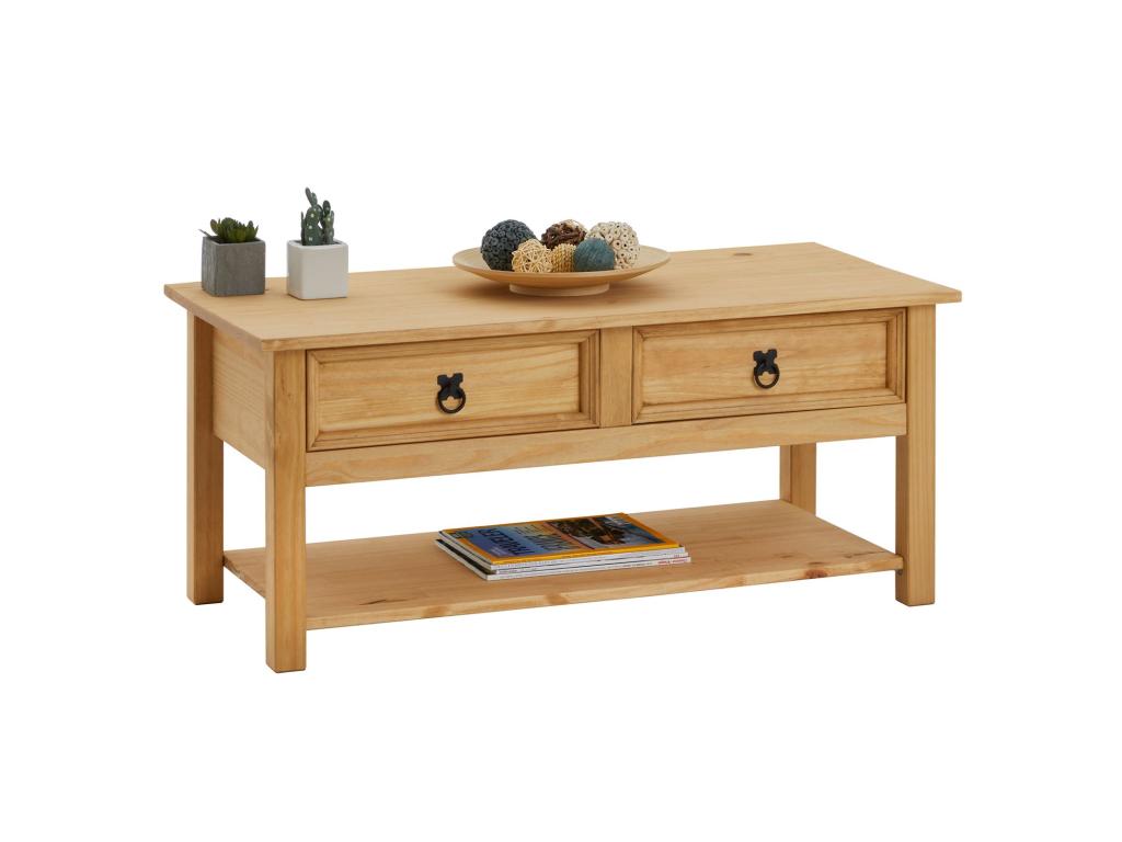 Table basse Chicyla table de salon rectangulaire style mexicain avec 2 tiroirs et 1 étagère inférieure en pin massif teinté/ciré WIRO44885