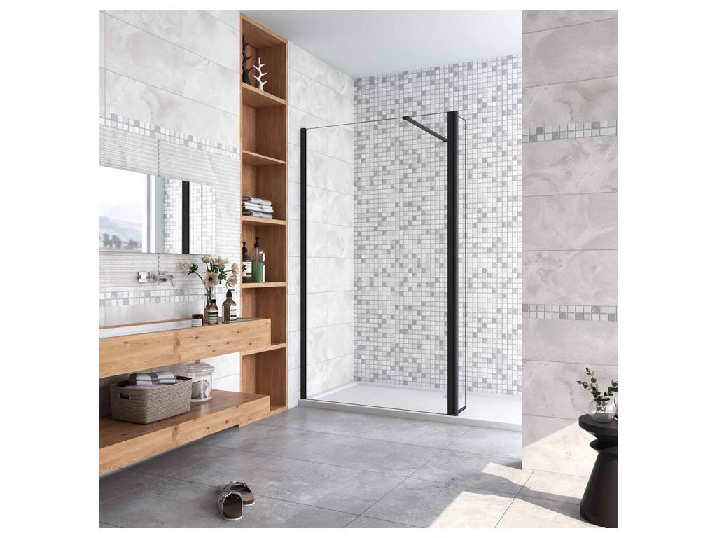 Paroi de douche à l'italienne avec retour pivotant 120 30x200cm avec barre de fixation 140cm recoupable - Noir Mat - 8mm verre anticalcaire ZNGI12305