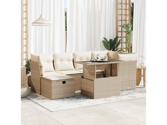 Salon de jardin avec coussins 7 pcs beige résine tressée QPZC18510