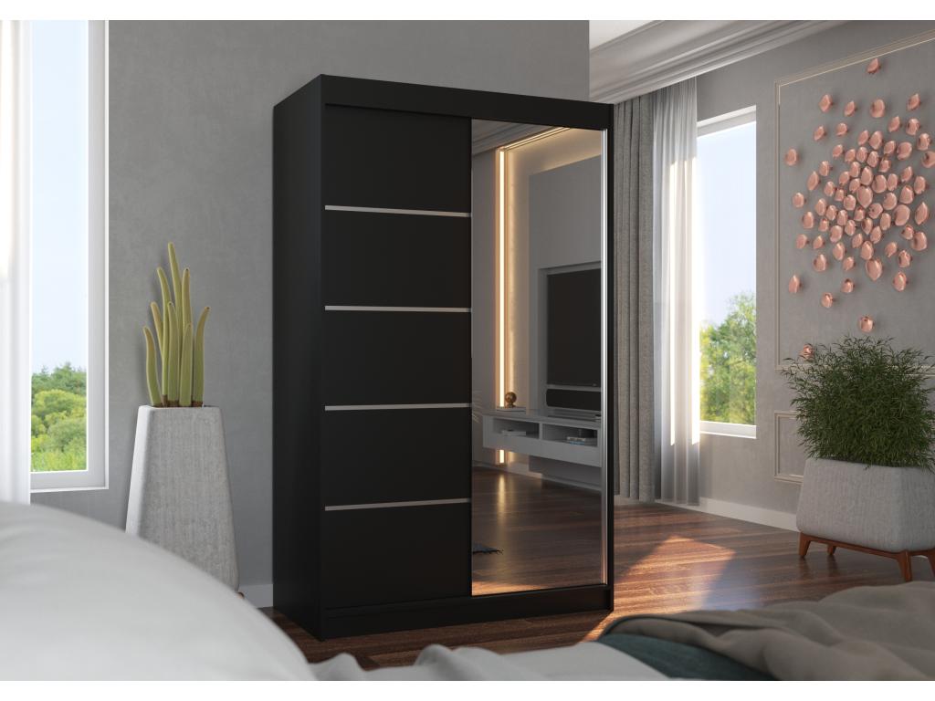 Petite armoire de chambre 2 portes coulissantes bois noir et miroir Domopure 120cm RVHV01465