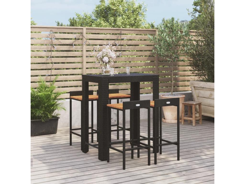 Ensemble de bar jardin 5 pièces noir poly rotin/bois massif Chicyla JTJN70100