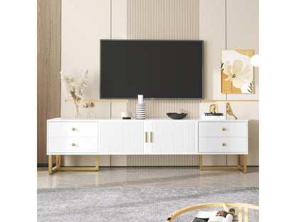 Meuble TV 175x30x46cm panneau bas avec porte texturée iroirs poignées dorées et pieds dorés blanc IOZU99328