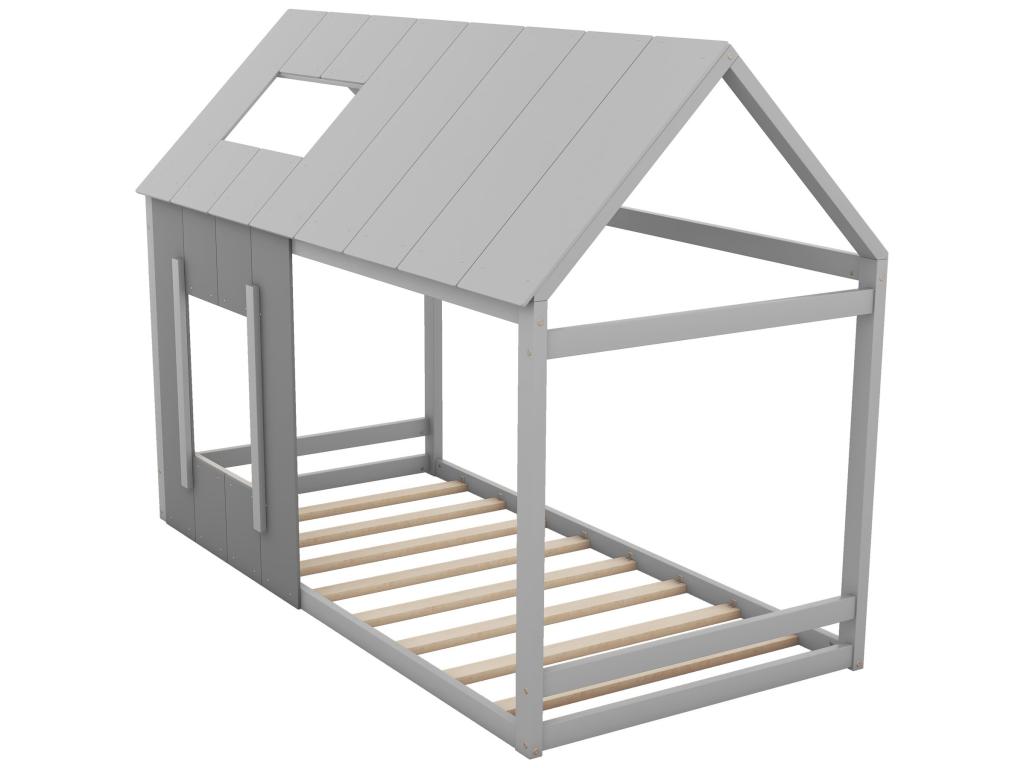 Lit cabane en bois de pin 90x200cm - lit enfant avec toit et fenêtre et sommier à Chicyla - Gris VLRB83361
