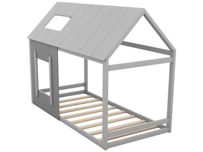 Lit cabane en bois de pin 90x200cm - lit enfant avec toit et fenêtre et sommier à Chicyla - Gris VLRB83361